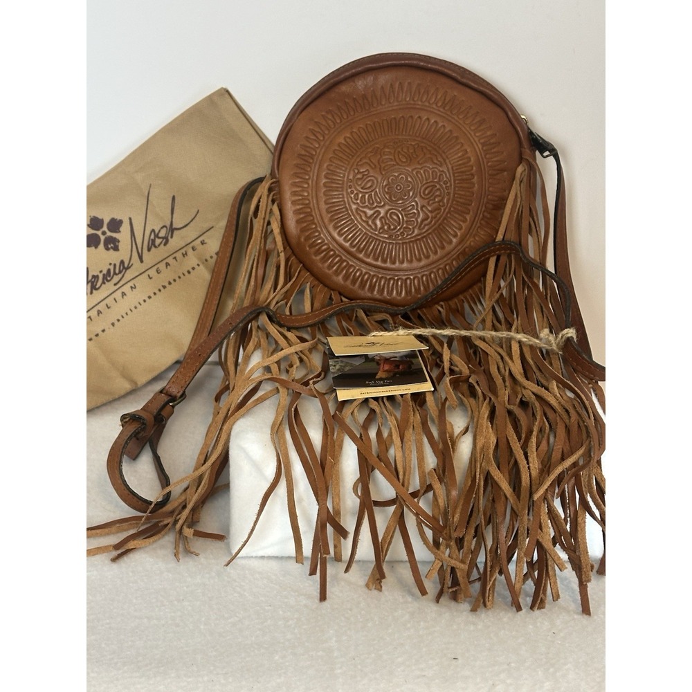 Patricia Nash Artisan Rovito‎ Tooled Leather Tan Fringe Crossbody Bag Purse NWT